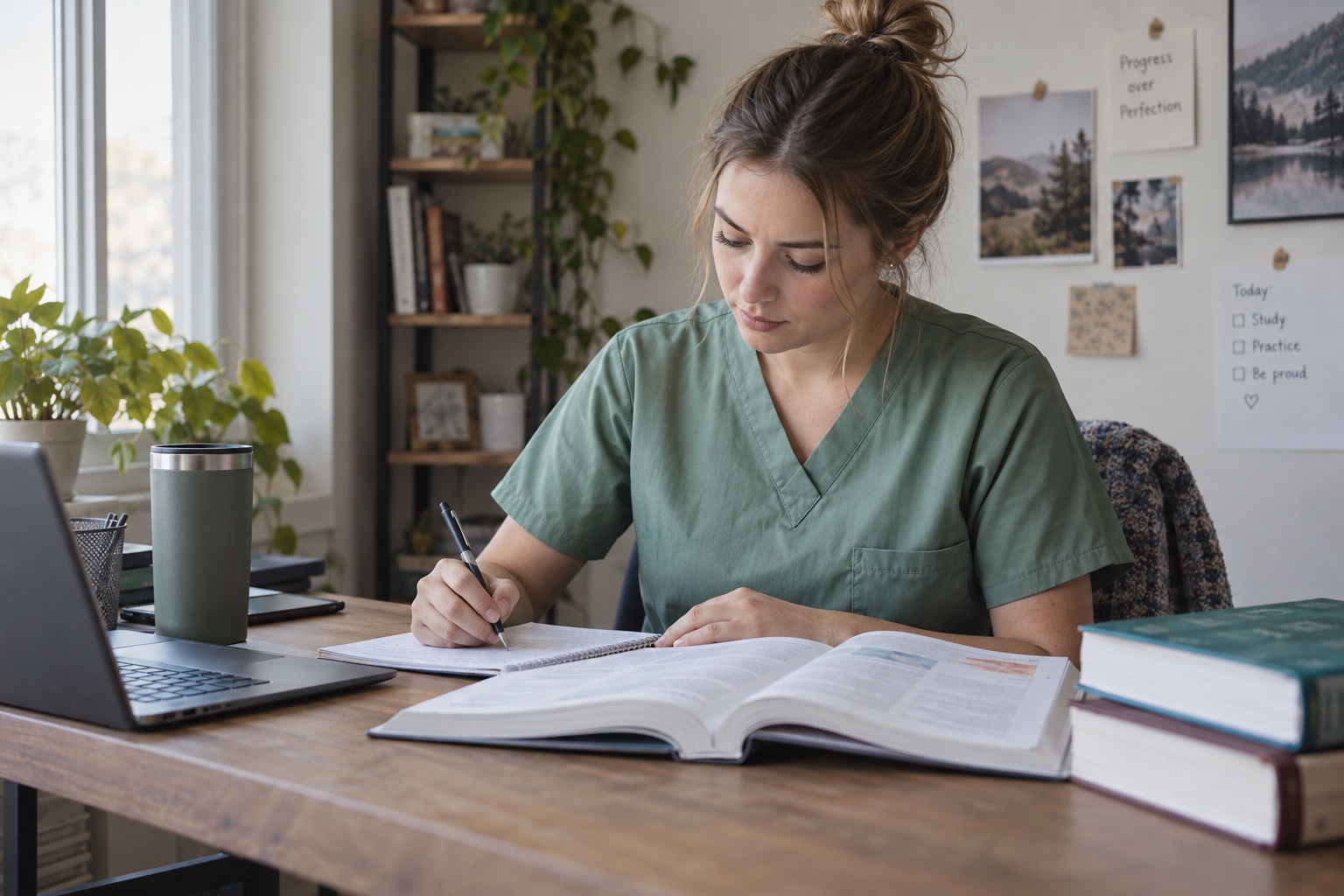 AI-generated illustration of a nursing student studying with textbooks and writing notes at her desk