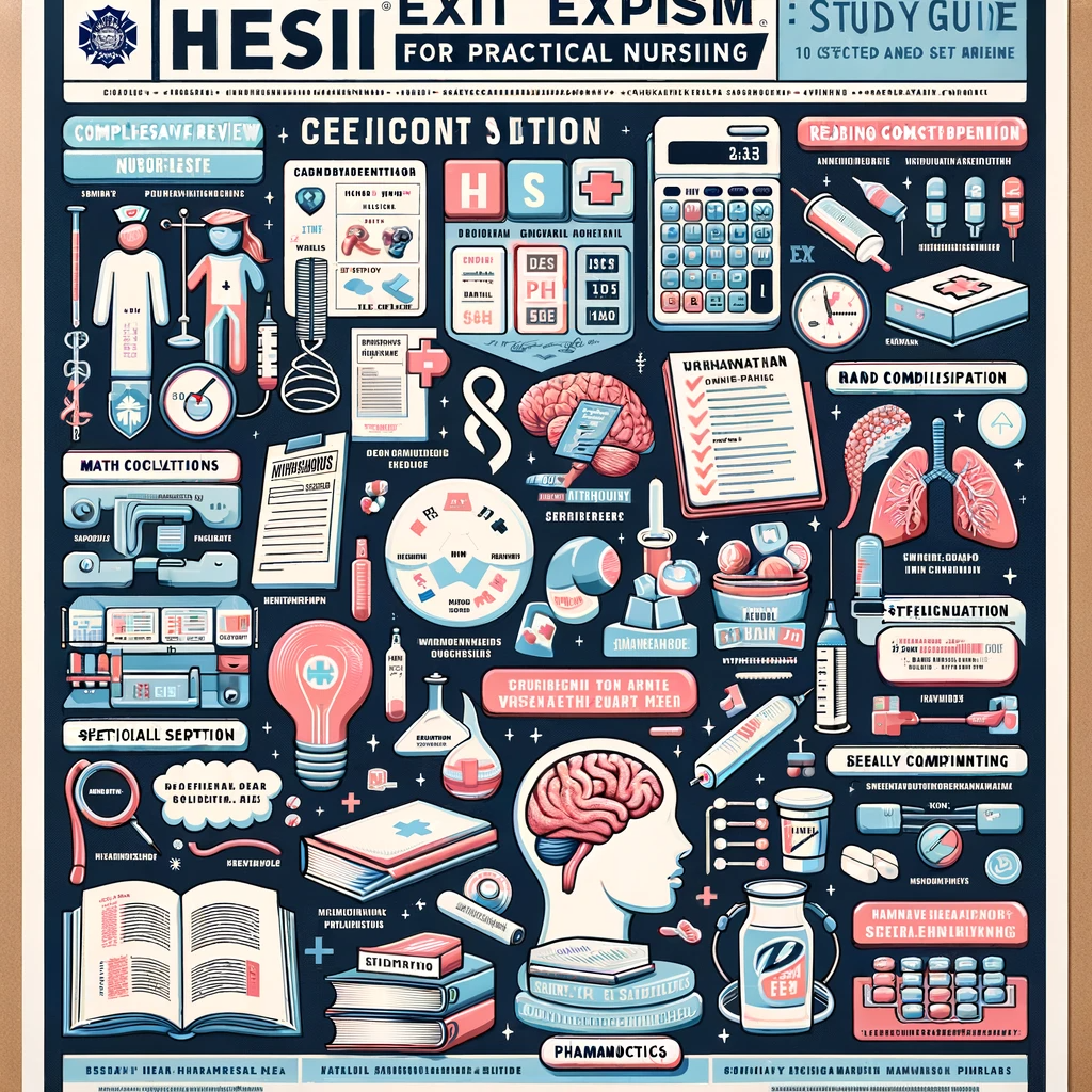 An educational poster illustrating the key sections of the HESI Exit Exam for Practical Nursing (PN). The poster includes visual representations of di