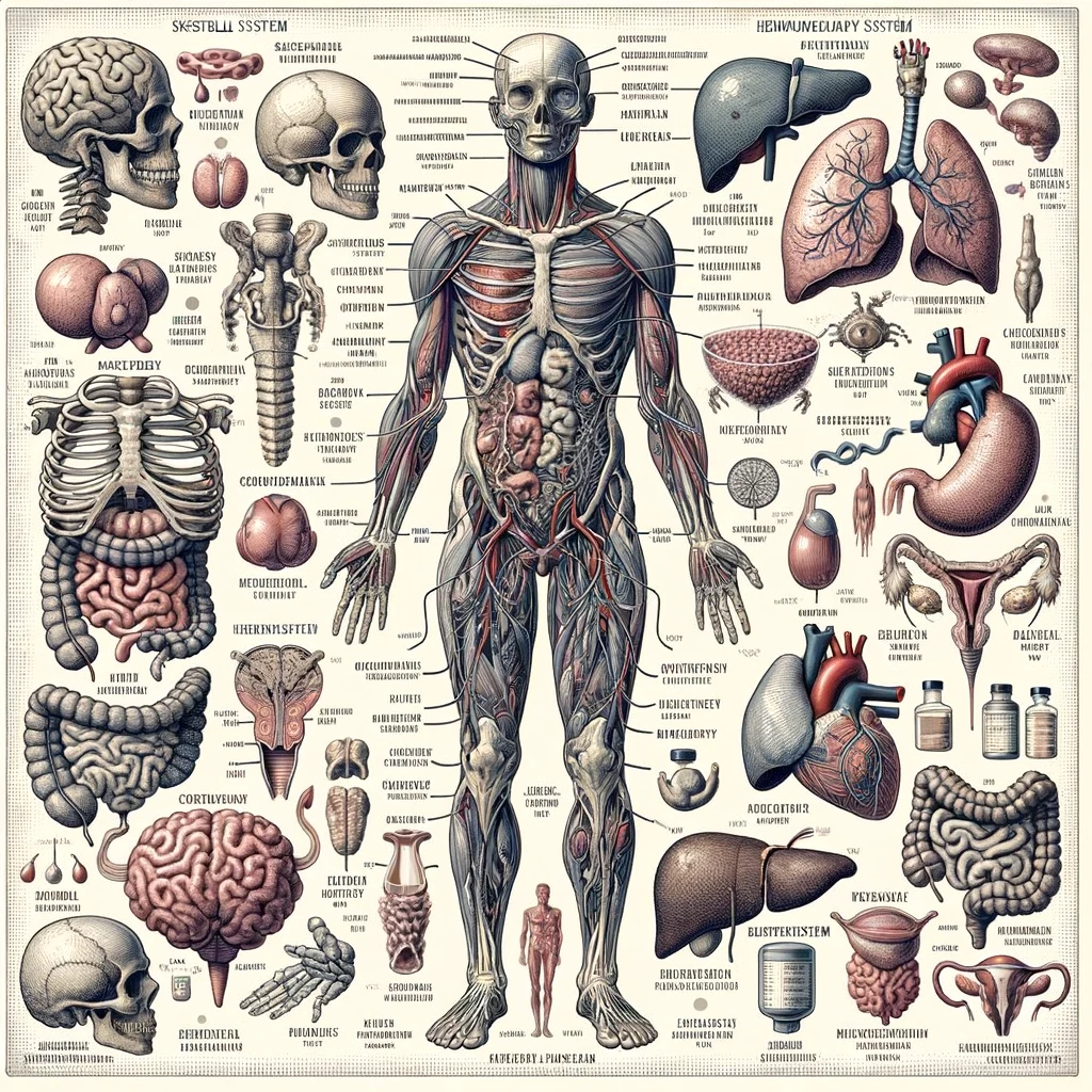 A detailed, educational illustration showing various human body systems and tissues in a style reminiscent of a classic anatomy textbook drawing. The